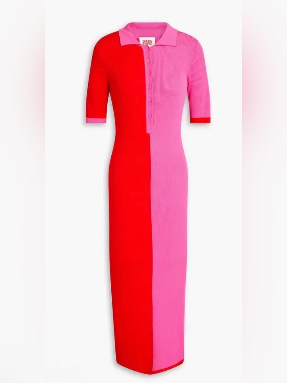 SOLID & STRIPED Two-Tone Ribbed Midi Dress in Red & Pink